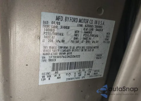 2003 Ford F-150 Lariat/Xlt z USA, uszkodzony, nr VIN 1FTRW07623KD26522